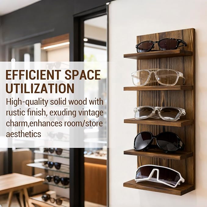 MyGift 5-Tier Rustic Burnt Solid Wood Sunglasses Holder Rack, Wall-Mount or Tabletop Eyewear Display Stand, Retail and Home Glasses Organizer, Set of 2