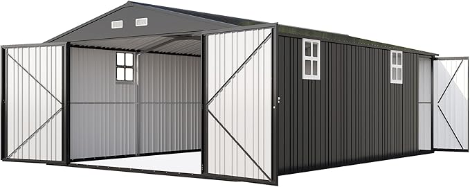 AMERLIFE 13x21x8 FT Outdoor Metal Garage Shed, Extra Large Storage Shed with Double Hinged Doors, 4 Windows, Heavy Duty Carport for Cars, Boats, Trucks and Equipment Storage, Dark Gray