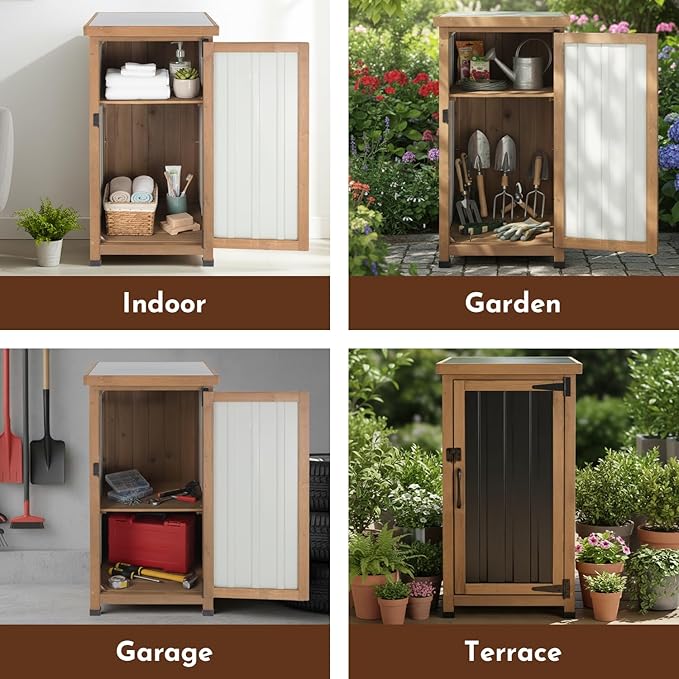 Outdoor Storage Cabinet with Metal Worktop, Fir Wood Frame & Adjustable Shelf, Weather-Resistant Garden Tool Organizer for Patio, Porch, Balcony, or Garage,18" L x 18" W x 33.5" H