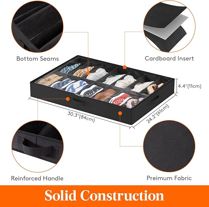 Lifewit Under Bed Shoe Storage Organizer 4 Pack(14 Pairs), 4.3" Tall Fabric Shoes Container Box, Foldable Closet Shoe Bag with 2 Reinforced Handles and Clear Cover, Black