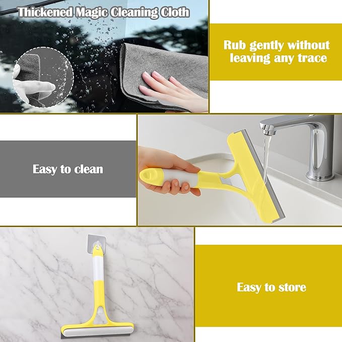 XANGNIER Window Cleaner Tool Kit,2025 3 in 1 Window Cleaning Scraper with Spray,Thickened Magic Cleaning Cloth,Window Scrubber Cleaning Squeegee for Glass,Mirror,Shower Doors,Car Windshields(Yellow)