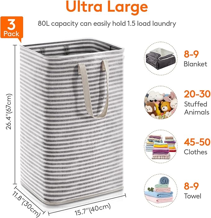 Lifewit 3 Pack Laundry Hamper Large Collapsible Laundry Baskets, Freestanding Waterproof Clothes Hamper with Easy Carry Handles in Laundry Room Bedroom Bathroom College Dorm, Black, 3 x 80L