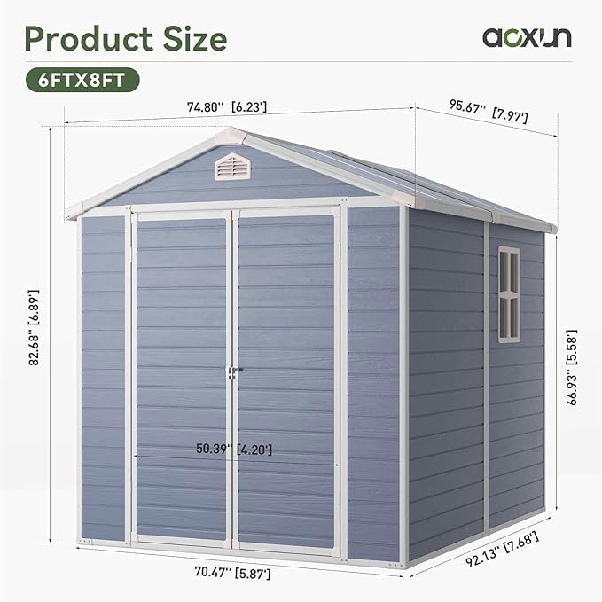 Aoxun 6 x 8 FT Outdoor Storage Shed, Resin Shed with Floor, Small Garden Shed Waterproof Plastic Tool Shed