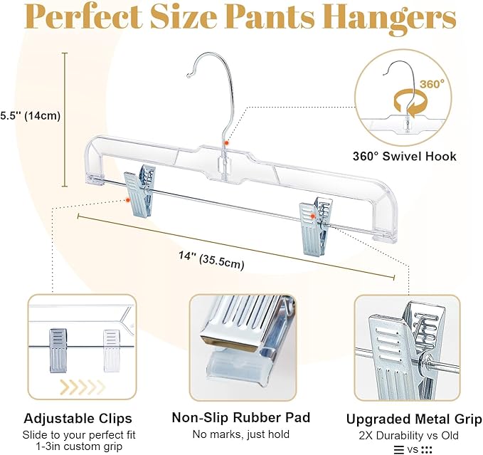 HOUSE DAY 12 Pack 14 inch Clear Plastic Skirt Hangers with Adjustable Clips, Pants Hangers 360-Rotating Swivel Hook, Clip Hangers for Pants, Trousers, Skirts, Jeans, Bulk Plastic Hangers