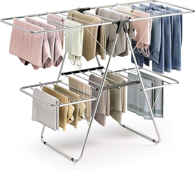 APEXCHASER Clothes Drying Rack, Foldable 2-Level Drying Rack Clothing, Stainless Steel Free-Standing Laundry Airer, with Height-Adjustable 4 Wings, Matte Black