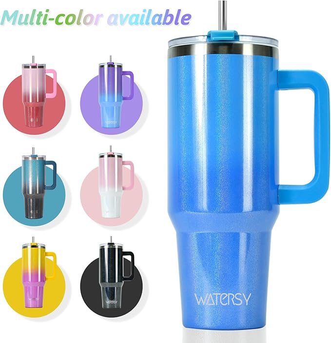 40 oz Shiny Tumbler with Handle and Straw,Stainless Steel Tumbler with Lid and Straw,Insulated Travel Mug(Cold for 34 Hours),Water Bottle for Iced Tea,Coffee (Blue)