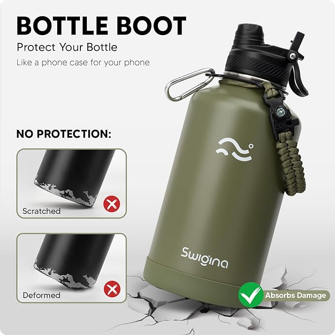 [2-IN-1 LID] 64 oz Insulated Water Bottle with Silicone Boot (48hrs Cold/24hrs Hot) - DIY Stickers, Leakproof, BPA Free, Half Gallon