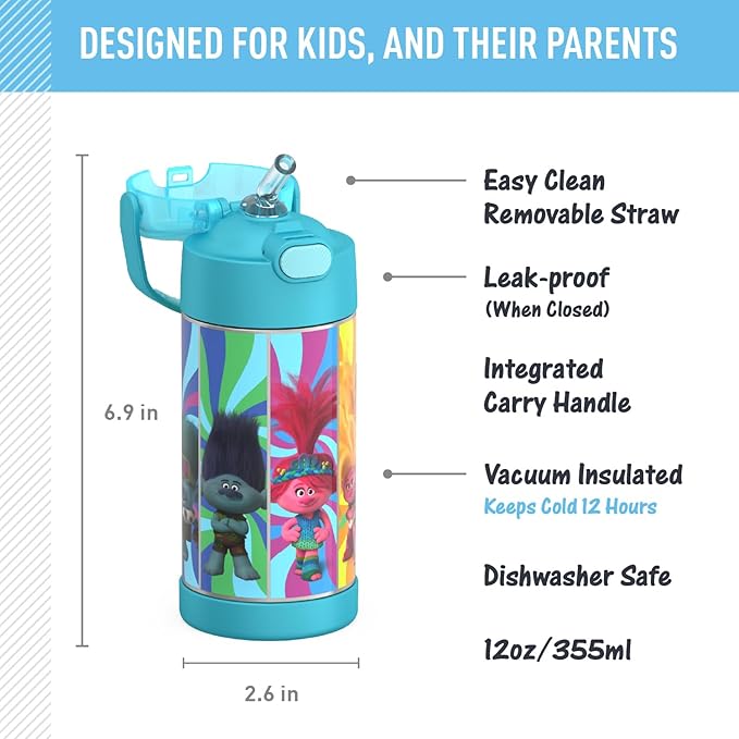 THERMOS FUNTAINER Water Bottle with Straw - 12 Ounce - Kids Stainless Steel Vacuum Insulated Water Bottle with Lid, Trolls 3