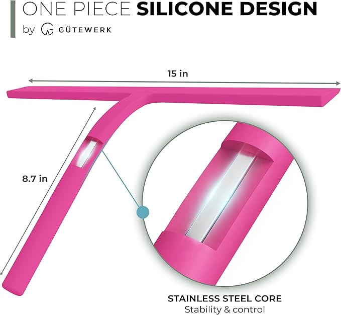 GÜTEWERK Shower Squeegee for Glass Doors, Silicone Window Squeegee, Bathroom and Glass Cleaning - Pink - 15 Inch