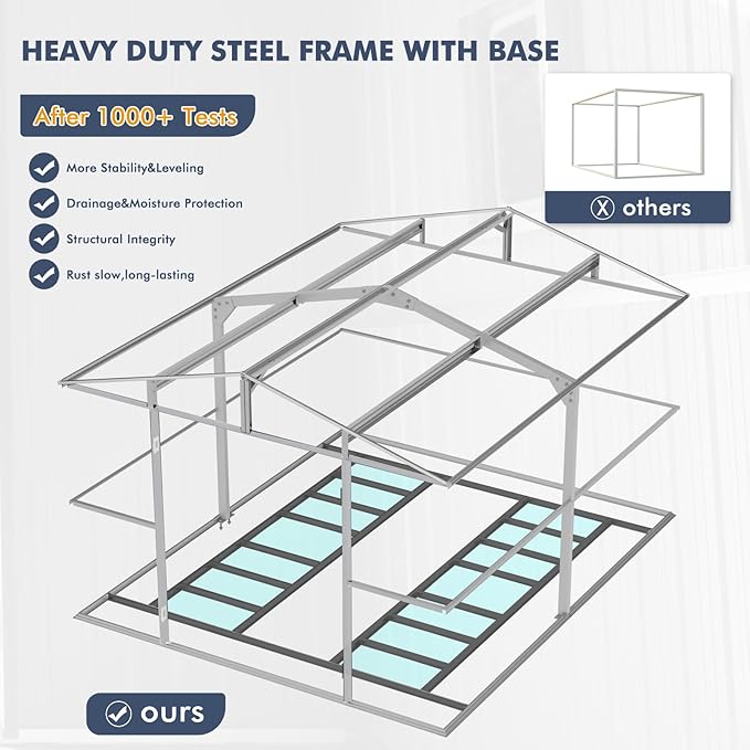 10x12 FT Outdoor Metal Shed with Unique Floor Base Clear Roof Window Lockable Double Door Vent, Waterproof Heavy Duty Reinforced Frame Sheds for Garden Storage Large Lawnmower Tool, Dark Grey