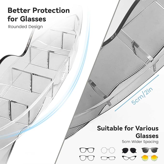 Daily Treasures Multi-functional Mirror Sunglasses Storage,Creative Wave Shaped Eye Glasses Rack Organizer,Clear Acrylic Glasses Organizer for Home Office Bathroom Bedroom Wall-Mounted