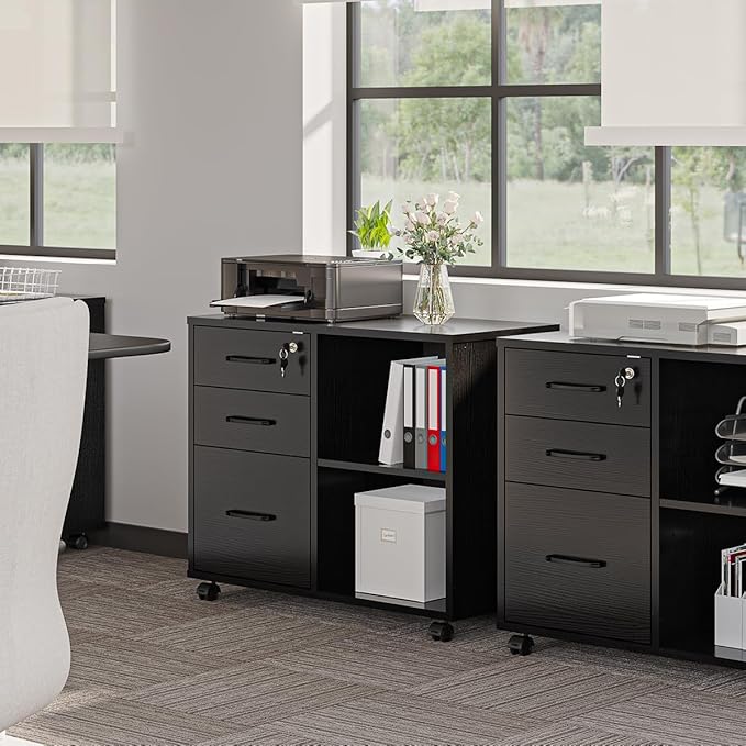 Panana 3 Drawer Office File Cabinets, Mobile Lateral Printer Stand with Open Storage Shelf, Rolling Filing Cabinet with Wheels Home Office Organization and Storage (Black)