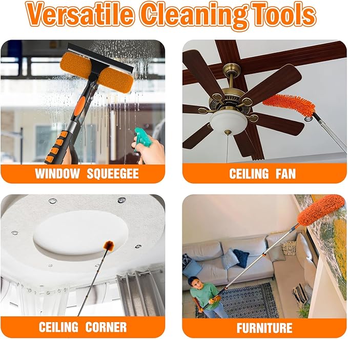 30FT High Reach Duster Cleaning Kit with Extension Pole, High Ceiling Fan Cleaner Duster Tool for Fan Blades, Window Washing Kit with Microfiber Feather Duster & Window Squeegee & Bucket