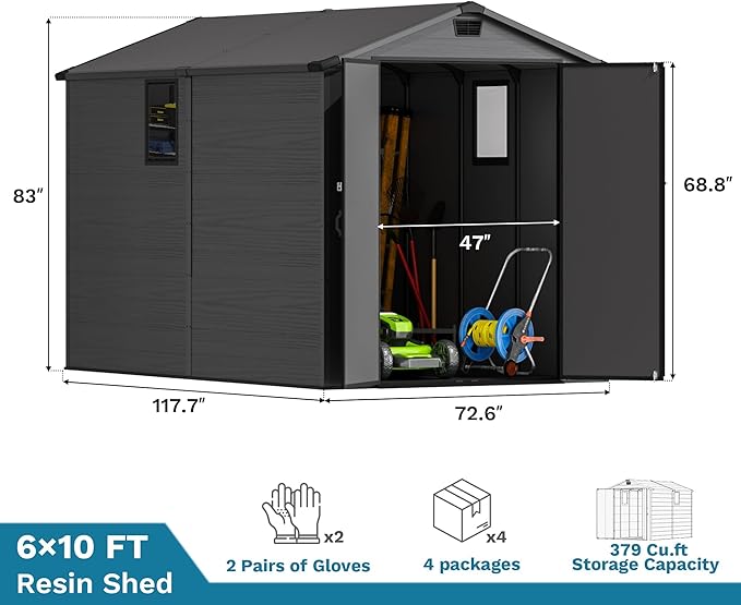 Devoko 6x10 FT Plastic Storage Shed, Outdoor Resin Garden Shed with Floor, Waterproof Tool Storage Shed with Lockable Door and Window for Patio, Garden, Backyard, Dark Gray