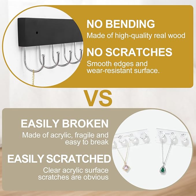 Hanging Jewelry Organizer, 2 Pack Black Necklace Holder for Wall Wooden Necklace Organizers Hangers Wall Mount with 24 Hooks Jewelry Display Hanger for Necklaces, Bracelets, Earrings, Keys
