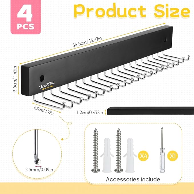 4 Pack Necklace Holder Wall Mount, Hanging Jewelry Organizer with 80 Hooks Total, Space Saving Wooden Necklace Holder for Wall, Necklace Organizer Hanging for Necklaces, Bracelets, Pendant