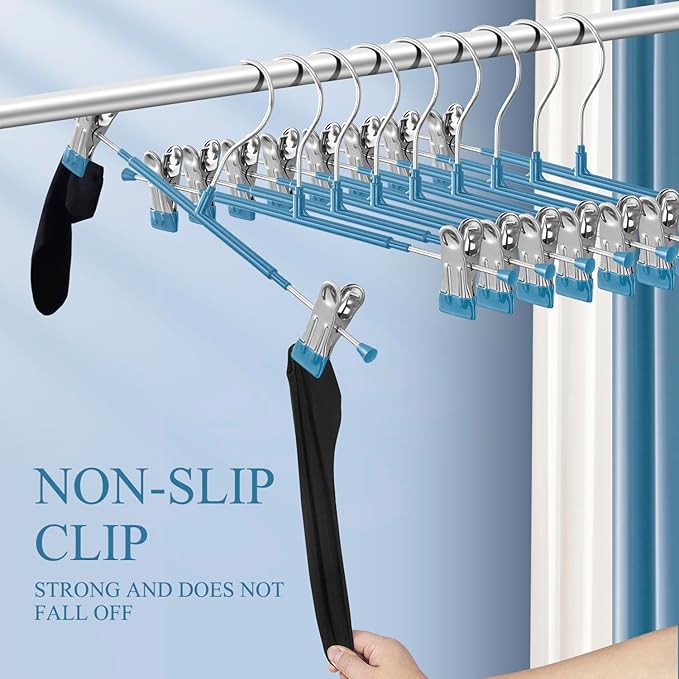 14Inch Blue Pants Hangers with Clips 20 Pack Adjustable Skirt Hangers for Women Non-Slip Trousers Hanger for Jeans Clothes Hangers for Pants Heavy Duty Space Saving Shorts Hangers