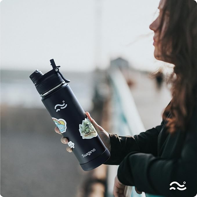 [2-IN-1 LID] Insulated Water Bottle with Silicone Boot (36hrs Cold/18hrs Hot) - DIY Stickers, Leakproof, BPA Free, Black, 24 oz