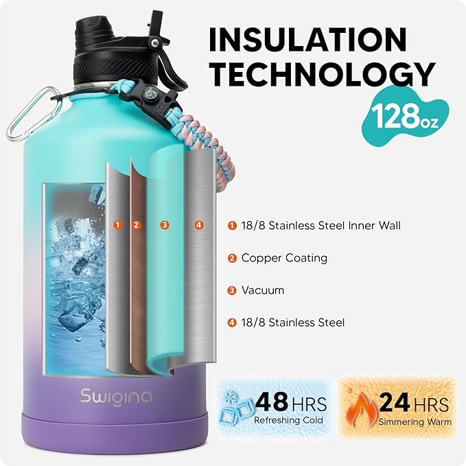 [2-IN-1 LID] Gallon Insulated Water Bottle with Silicone Boot (48hrs Cold/24hrs Hot) - DIY Stickers, Leakproof, BPA Free, 128 oz