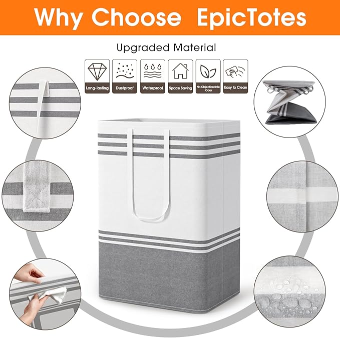 2 Pack Large Laundry Baskets, Laundry Hampers, Freestanding Waterproof Collapsible Clothes Bag with Extended & Reinforced Handles - Clothes Basket for Dorm, Bathroom, Home (Light Grey/75L)