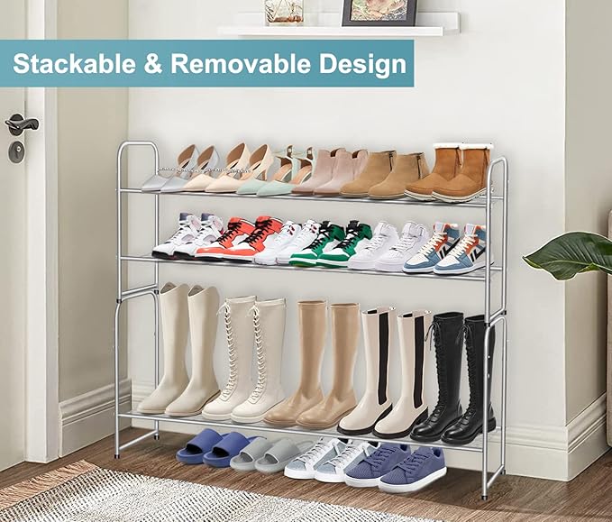 AOODA 2 Tier Long Metal Shoe Rack for Closet Wide Stackable Shoe Storage Organizer 18-Pairs Low Small Sneaker Rack for Entryway, Bedroom, Garage, Grey