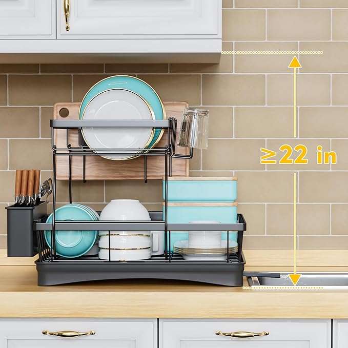 7 code Large Dish Drying Rack for Kitchen Counter, Detachable Large Capacity Dish Drainer Organizer, 2-Tier Dish Racks with Utensil Holder, Black