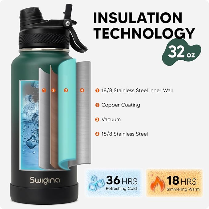 Insulated Water Bottle with Silicone Boot (36hrs Cold/18hrs Hot) - DIY Stickers, [2-in-1 Lid], BPA Free, 32 oz