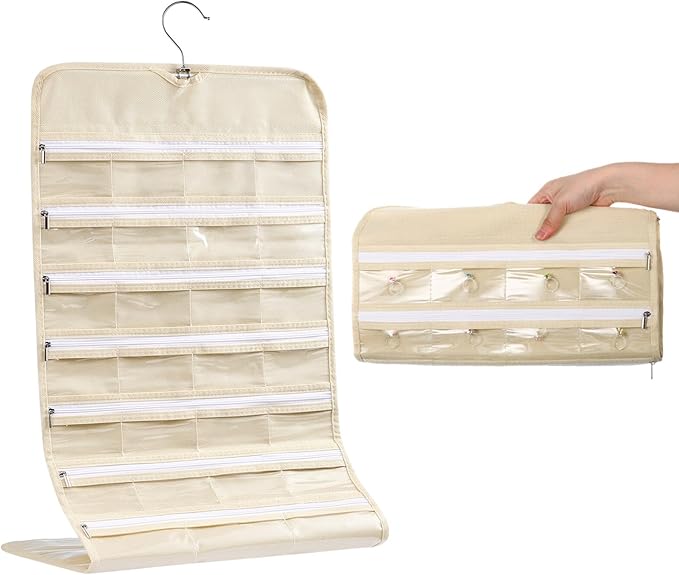 Hanging Jewelry Organizer Storage with Hanger, 66 Pockets Earring Holder Organizer Necklace Holder with Zippers for Woman Travel Storage Roll with Pockets Hang Closet Wall Door 1pcs