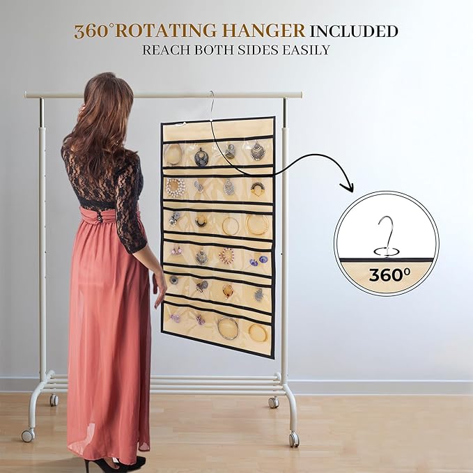 Hanging Jewelry Organizer, Double-Sided Storage with 24 Clear Pockets & 15 Hook Loops, 360° Rotating Hanger, Foldable Closet Jewelry Holder for Necklaces, Bracelets, Rings, Earrings, Beige