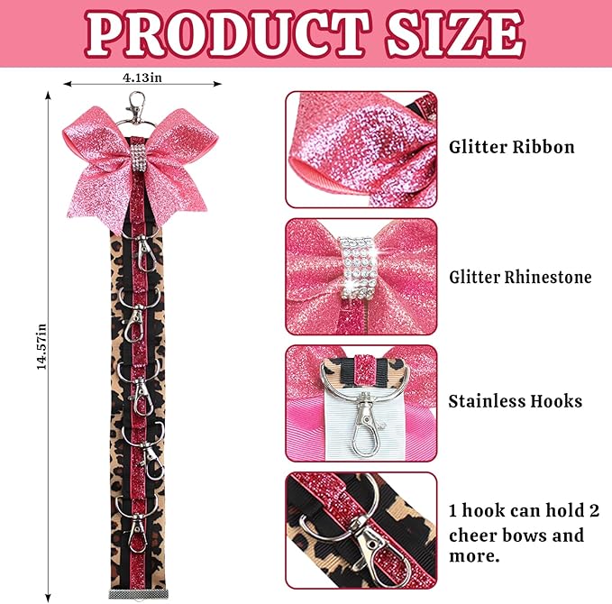 ALIBBON Cheer Bow Holder Glitter Pink Leopard Print Hair Bow Holder Cheer Keychain for Cheerleading Backpack Bag Cheerleader Gifts Sports Cheerleading Bows Storage Hanging Ribbon Chain with 5 Clasps