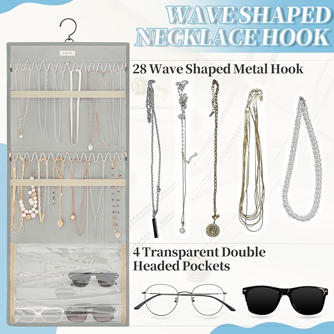 GMAK Hanging Jewelry Organizer with Hanger Metal Hooks, Double-Sided Jewelry Holder Accessories Organizer Storage Roll for Jewelry, Earrings, Bracelets, Necklaces, Rings - Light Grey