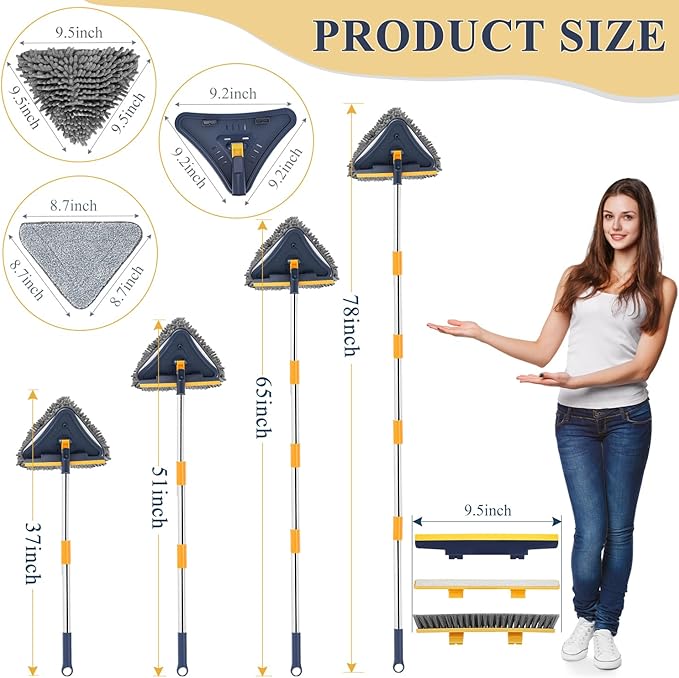 5 in 1 Wall Cleaner Mop, 78 Inch Base Board Cleaner Tool with Long Handle, 360° Wall Washing Tool for Ceiling, Floor and Window Cleaning with 3 Microfiber & 3 Chenille Pads
