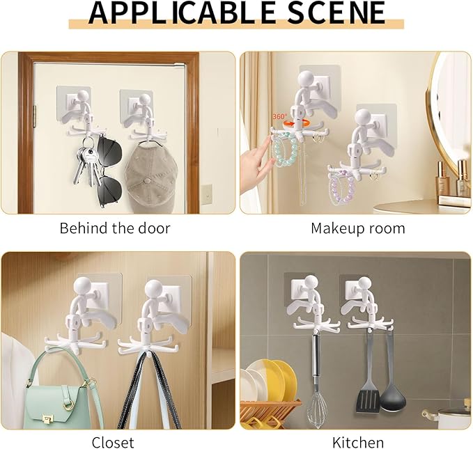 2 PCS 360°Rotating Hanging Jewelry Organizer for Storage Necklace, Bracelets, Watches, Rings, Self-Adhesive Necklace Holder Organizer for Wall, Closet and Door, Bathroom, White