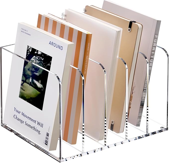 YUXUN Acrylic Magazine Holder,Clear Desk Organizer Vertical File Sorter Holder Stand for Notebook,Paper,Envelope,Magazine, Book Storage-Office/Home/Classroom Organization (5 Compartments,B5)