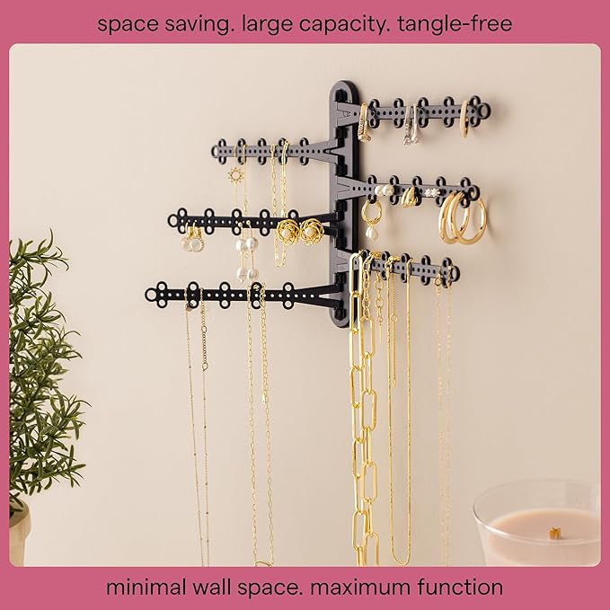 6-Tier Wall Jewelry Organizer Wall Mounted Jewelry Organizer Necklace Holder Wall Mount Hanging Necklace Organizer Jewelry Hanger Hanging Earring Holder Organizer Display (Black)