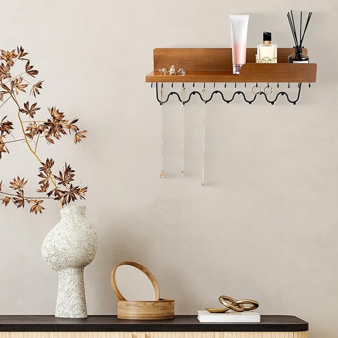 29 Hooks Wall Mount Necklace Holder Organizer, Natural Decorative Wood Jewelry Shelf with Gold Metal Wave Bar and Guardrail for Necklace, Pendant, Chain, Bracelet