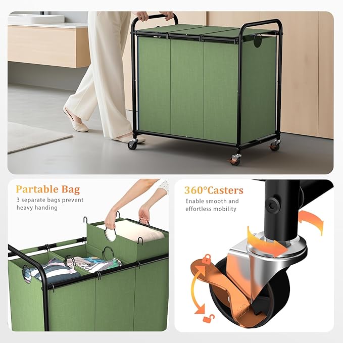 180L (47.55 Gal) Laundry Sorter 3 Section, Rolling Laundry Basket with Lockable Wheels and Lid, Laundry Hamper with 3 Separated Removable Bags Dirty Clothes Hamper for Laundry Room Organizer, Green