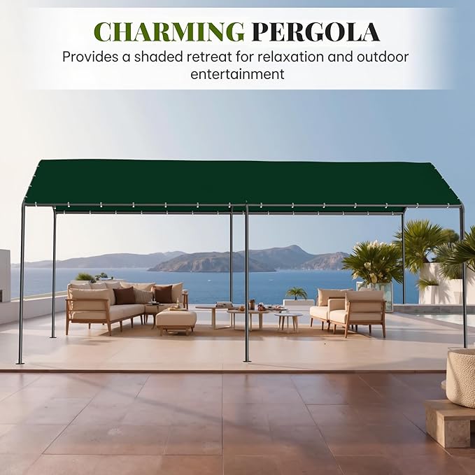 Carport, 10‘ x 20’ Heavy Duty Portable Garage All-Season Car Canopy, Outdoor Garage Boat Shelter Carport Canopy Party Tent w/Water-Resistant Tarp for Backyard (Green, 10' x 20' /no Side)