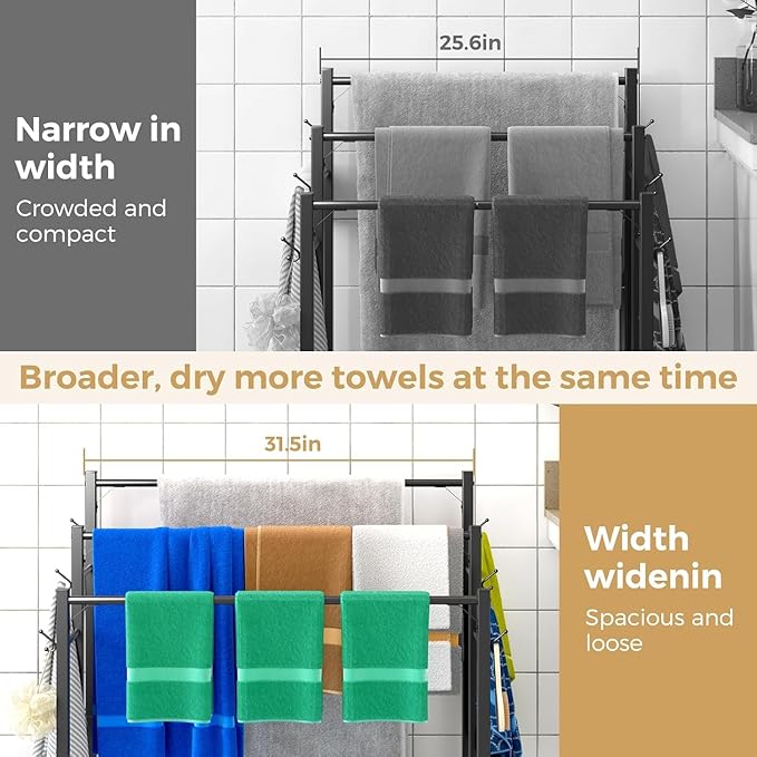3 Tier Towel Rack with Large Storage & 6 Hooks, Blanket Rack for Oversized Bath Towels, Free Standing Pool Towel Rack Stand for Bathroom Pool Indoor/Outdoor, 35.8" H x 31.5" L x 11.8" W