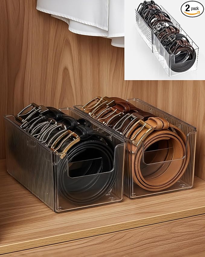 HAYVAN 2 Pack Acrylic Extendable Belt Organizer - Clear Belt Holder with Adjustable Dividers Fits Most Sizes, Storage Box for Ties, Bows, Masks, Jewelry (Space-Saving)