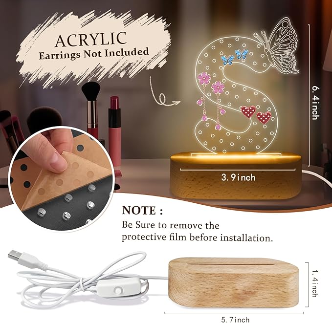 COSHAYSOO Earring Holder Organizer for Women New Mom First Time Mom to Be Gift Ideas Mothers Day Birthday Gifts Nursery Decor Breastfeeding Essentials, LED Night Light Initial Letter S