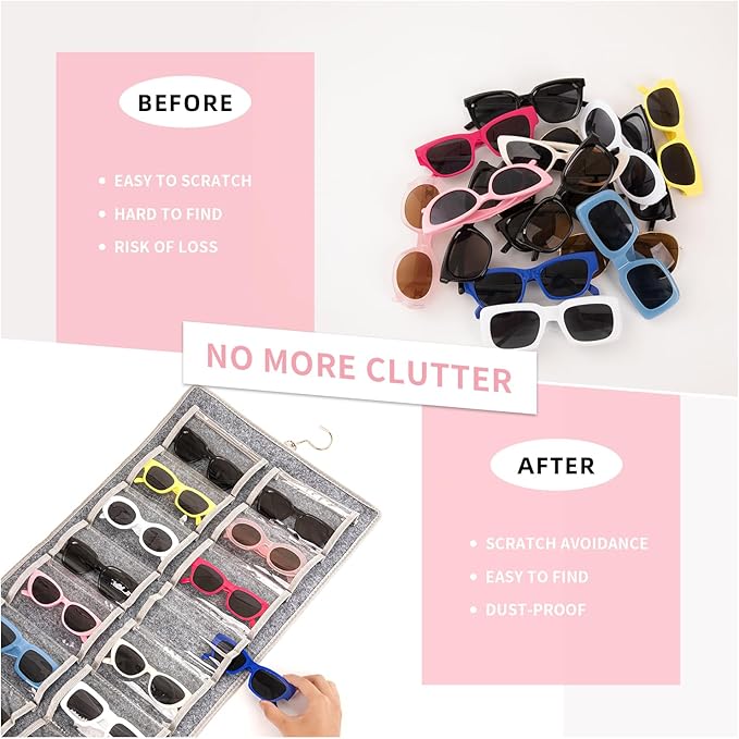 Dual Sided Sunglasses Storage organizer case, Eyeglasses Holder Wall Mounted with 32 Clear Slots & Metal Hook, Dust Proof Sunglasses Storage Case