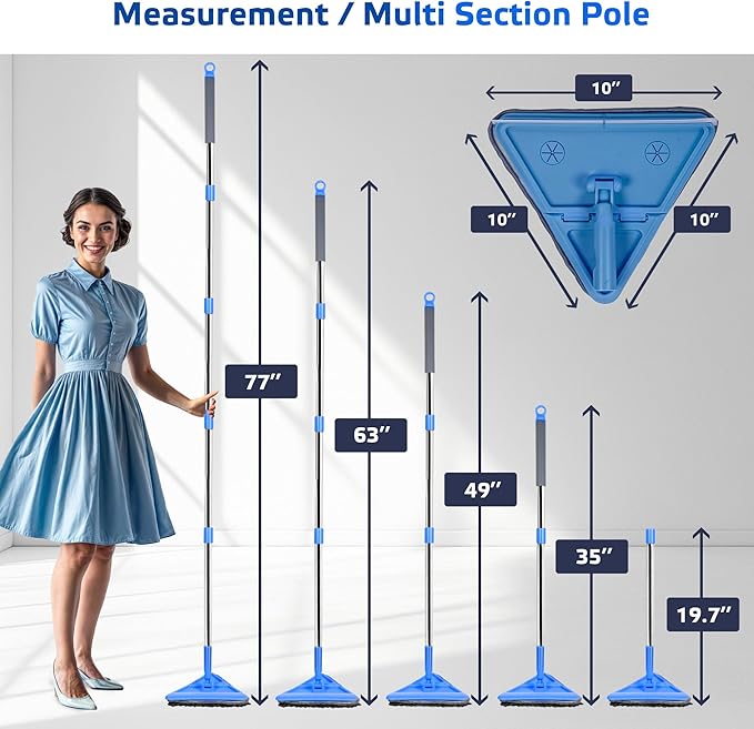 DSV Standard Wall Mop, 77 Inches Long Handle Wall Cleaner with Squeegee, 3-in-1 Wall Cleaner Mop with 3 Microfiber and 3 Chenille Pads, 360° Wall Cleaning Tool for Ceiling, Baseboard, Window, Floor
