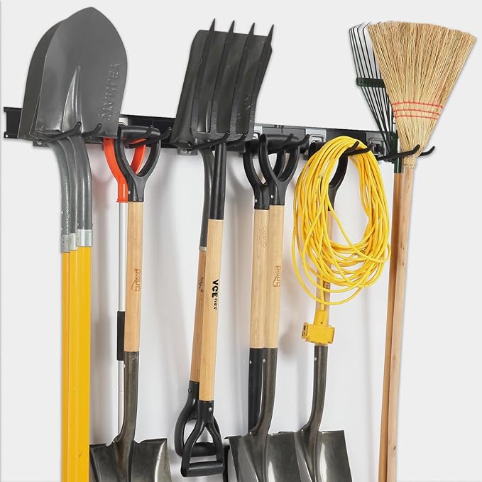Garage Organization Wall Mount,96inch Garden Tool Organizer with 6 Clamping Hooks, Heavy Duty, Garage Hanging Storage Rack for Yard Tools, Shovel, Shed, Hold Up to 420lbs (96Inch Black)