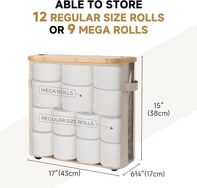 StorageWorks Toilet Paper Storage Baskets with Dual Flip Lids, Toilet Paper Organizer for Bathroom, Toilet Paper Container with Side Pocket, Holds 9 Mega or 12 Regular Rolls, Medium, Brown