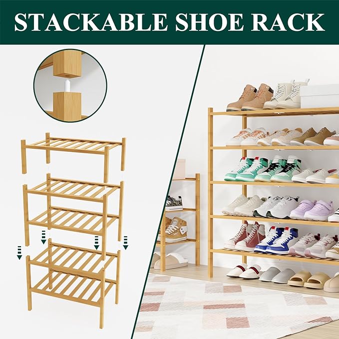 Smiry Shoe Rack, 6 Tier Long Bamboo Shoe Organizer, Stackable Free Standing Wooden Shoe Storage Shelf for Closet, Entryway, Front Door Entrance, Natural