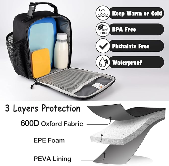 Lunch Box for Men Women Adult,Premium Insulated Lunch Bag,Portable Small LunchBox for School Work Picnic (Black)