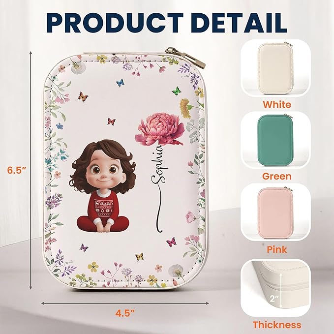 Personalized Woman Jewelry Box with LED Mirror, Customized Cute Cartoon Girl Leather Jewelry Box, Birth Month Flower Mirror Jewelry Organizer for Women Friend, Friendship Keepsake Gifts, Bestie Gift
