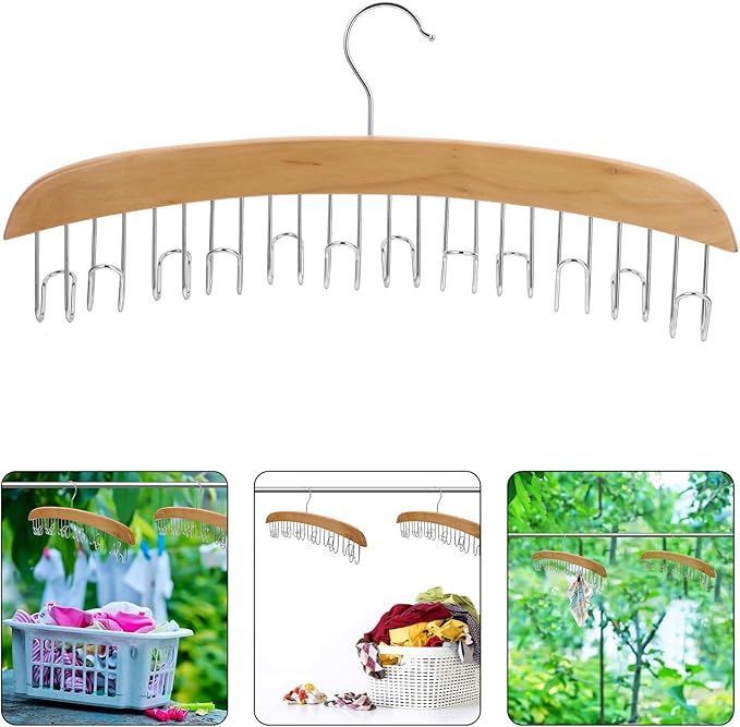 Wooden Tie Hanger Organizer with 12 Hooks, Non-Slip Belt Rack for Closet Storage, Multi-Functional Accessory Organizer for Home and Clothing Store Use