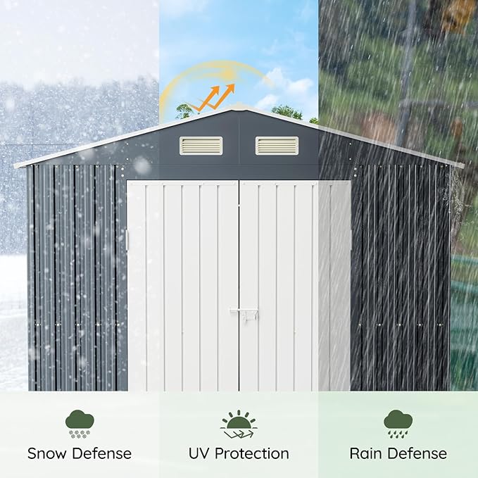 Breezz 10X8FT Outdoor Steel Storage Shed with Clear Window, Lockable Doors, Weather-Resistant Metal Tool Shed for Garden, Backyard, Patio, and Utility Storage